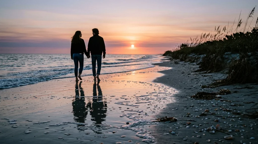 Sunset walk on the Gulf sand at Barefoot Beach, Bonita Springs, FL