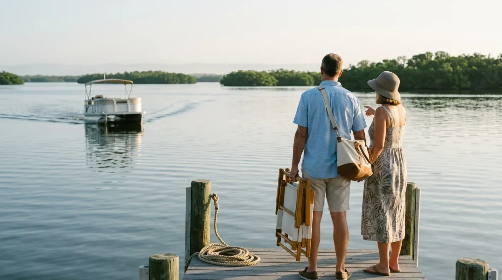 Waiting on the dock for the beach shuttle across the bay at Pelican Landing, Bonita Springs, FL