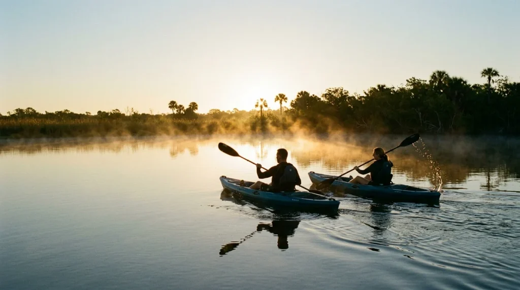 Kayaks on the lake at sunrise at Corkscrew Shores, Estero, FL