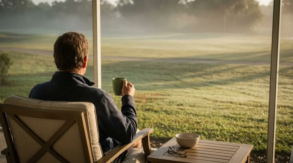 Morning coffee on the lanai overlooking the fairway at Grandezza, Estero, FL