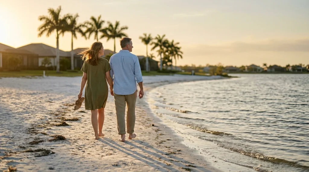 Couple walking the white-sand lake beach at sunset in Miromar Lakes, Estero, FL