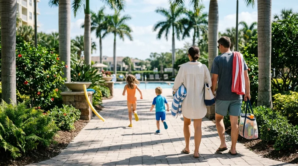 Family heading to the resort pool on a sunny morning at The Place at Corkscrew in Estero, FL