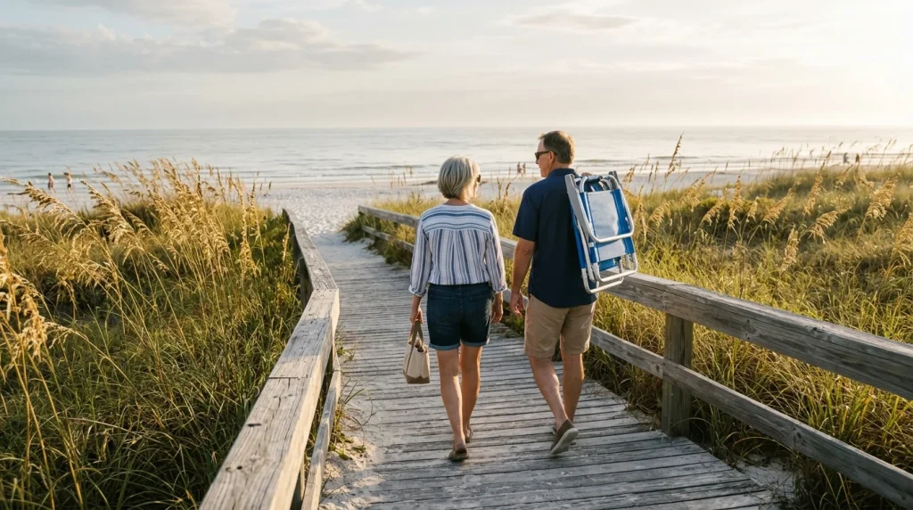 Walking the boardwalk through sea oats to the private beach club near West Bay Club, Estero, FL