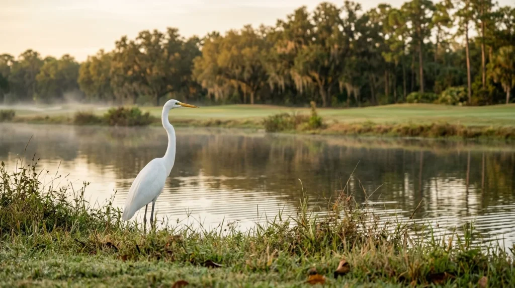 A great egret at the lake edge along the fairway at Wildcat Run, Estero, FL