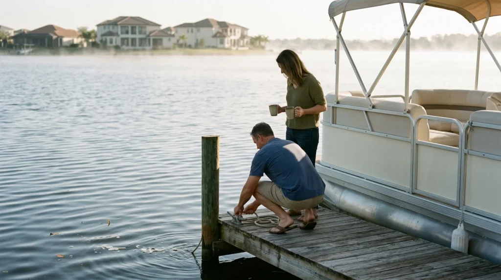 Morning on the dock with the pontoon on the big boatable lake at Esplanade Lake Club, Fort Myers, FL