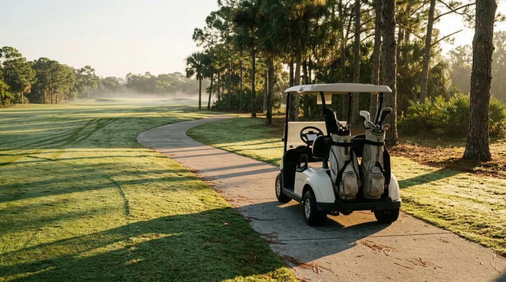 Golf cart on a quiet cart path at sunrise at The Plantation Golf and Country Club, Fort Myers, FL