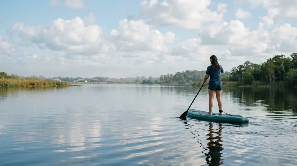 Paddleboarding the big lake on a calm morning at WildBlue, Fort Myers, FL