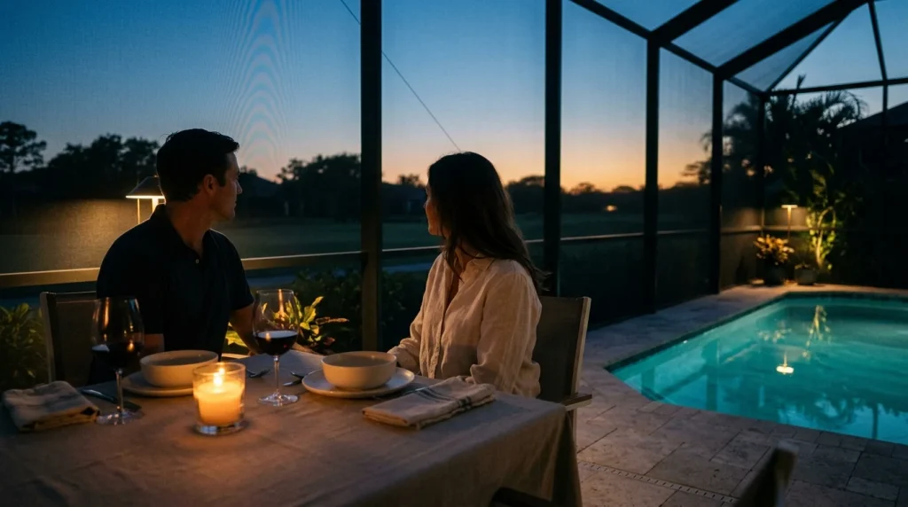 Blue-hour dinner on the lanai overlooking the golf course at Grey Oaks, Naples, FL
