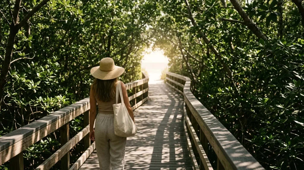 Walking the mangrove boardwalk toward the private beach in Pelican Bay, Naples, FL