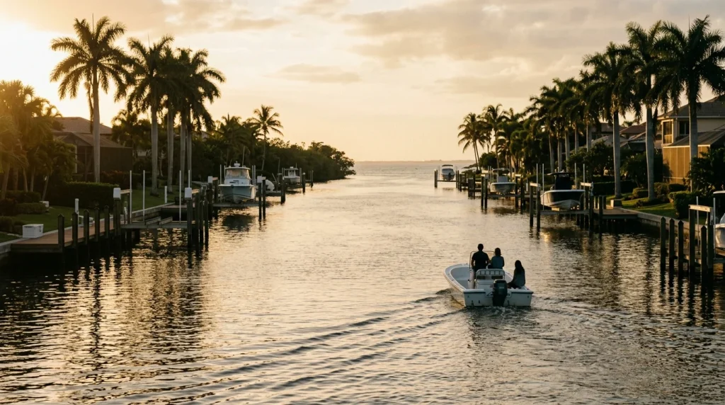 Boat easing down a palm-lined waterway past estate docks in Port Royal, Naples, FL