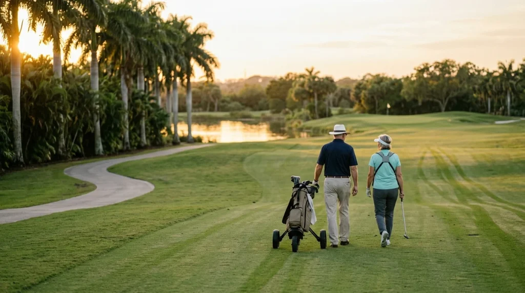 Golfers walking the fairway at golden hour in Quail West, Naples, FL