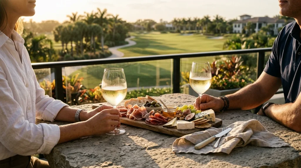 Wine on the club veranda overlooking the course at Talis Park, Naples, FL