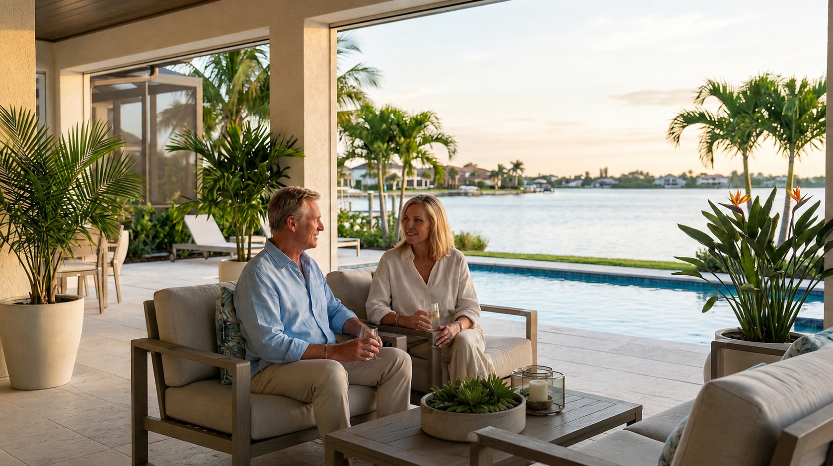 A couple relaxing on a lanai overlooking a pool and a calm bay with houses and palm trees.