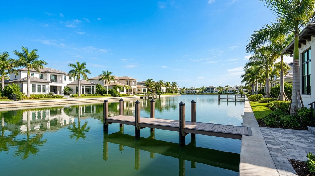 Waterfront SWFL luxury real estate with large homes, palm trees, and a private dock under a blue sky.