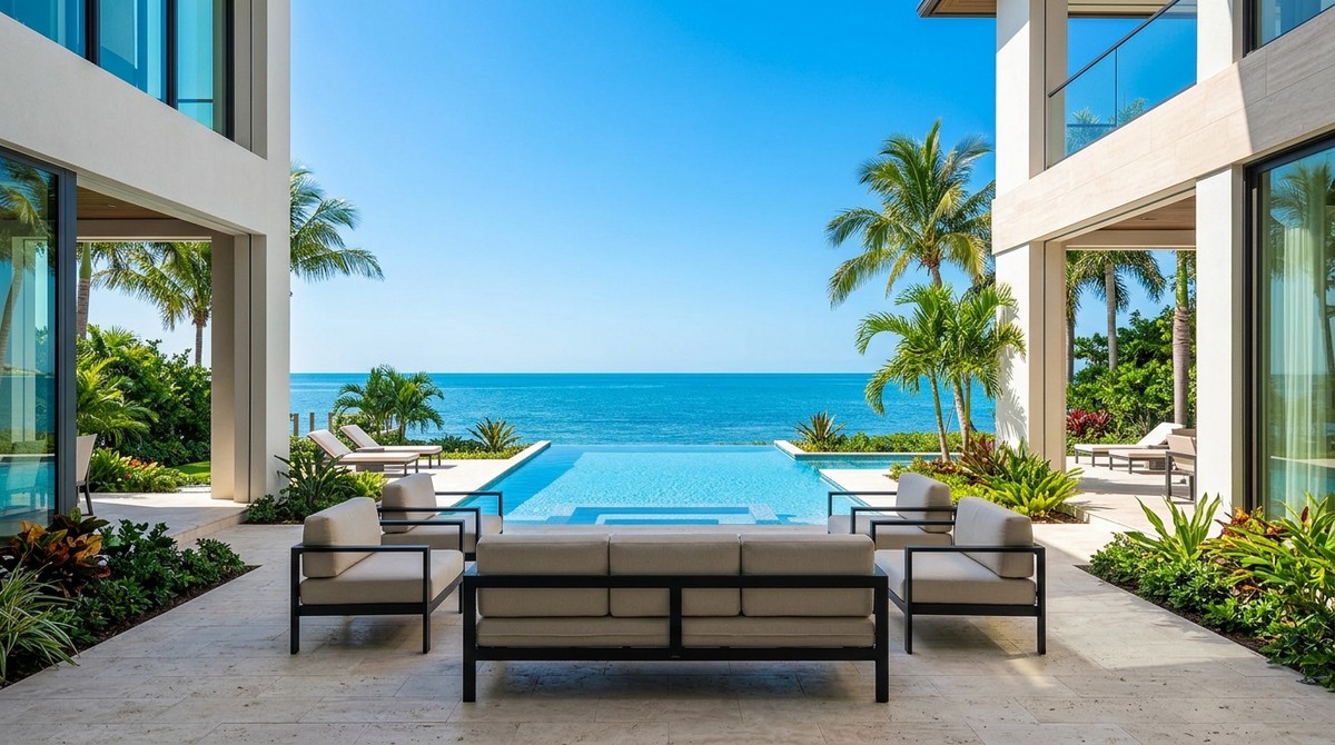 Modern Naples luxury real estate with an infinity pool, patio furniture, palm trees, and ocean view.