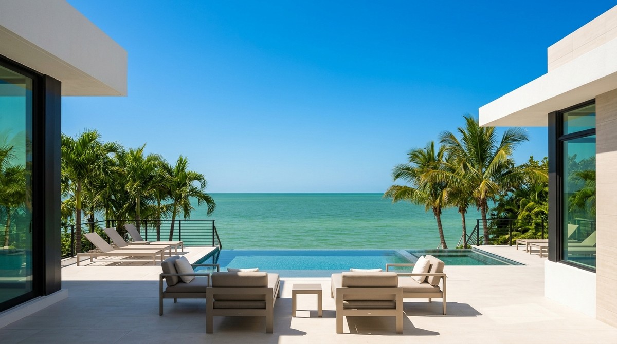 Modern luxury home patio with infinity pool overlooking the turquoise ocean, palm trees, and clear blue sky.
