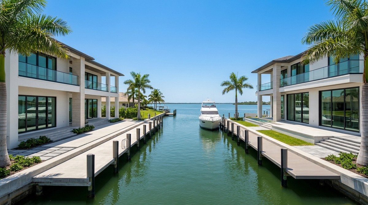 Two modern Cape Coral waterfront luxury homes flank a canal with a yacht docked at the end.