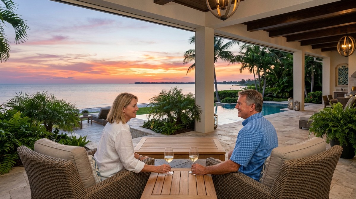 Couple on a patio with wine, facing each other with a sunset over the ocean and palm trees in the background.