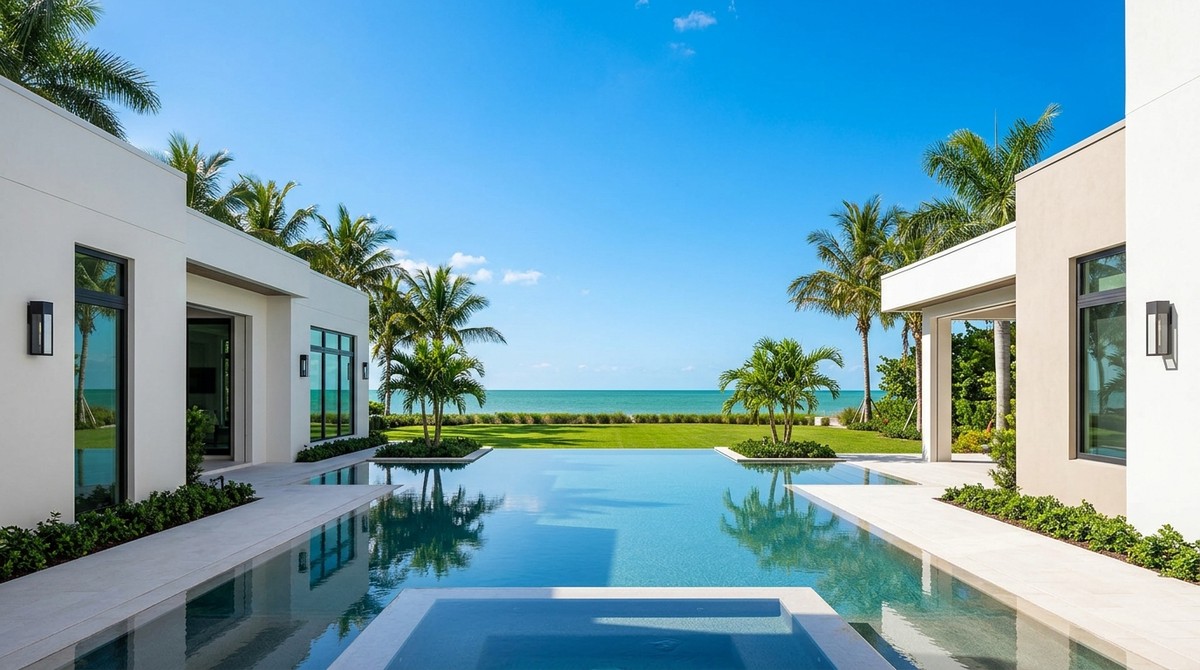 Modern luxury home with infinity pool, lush lawn, palm trees, and the ocean under a clear blue sky.