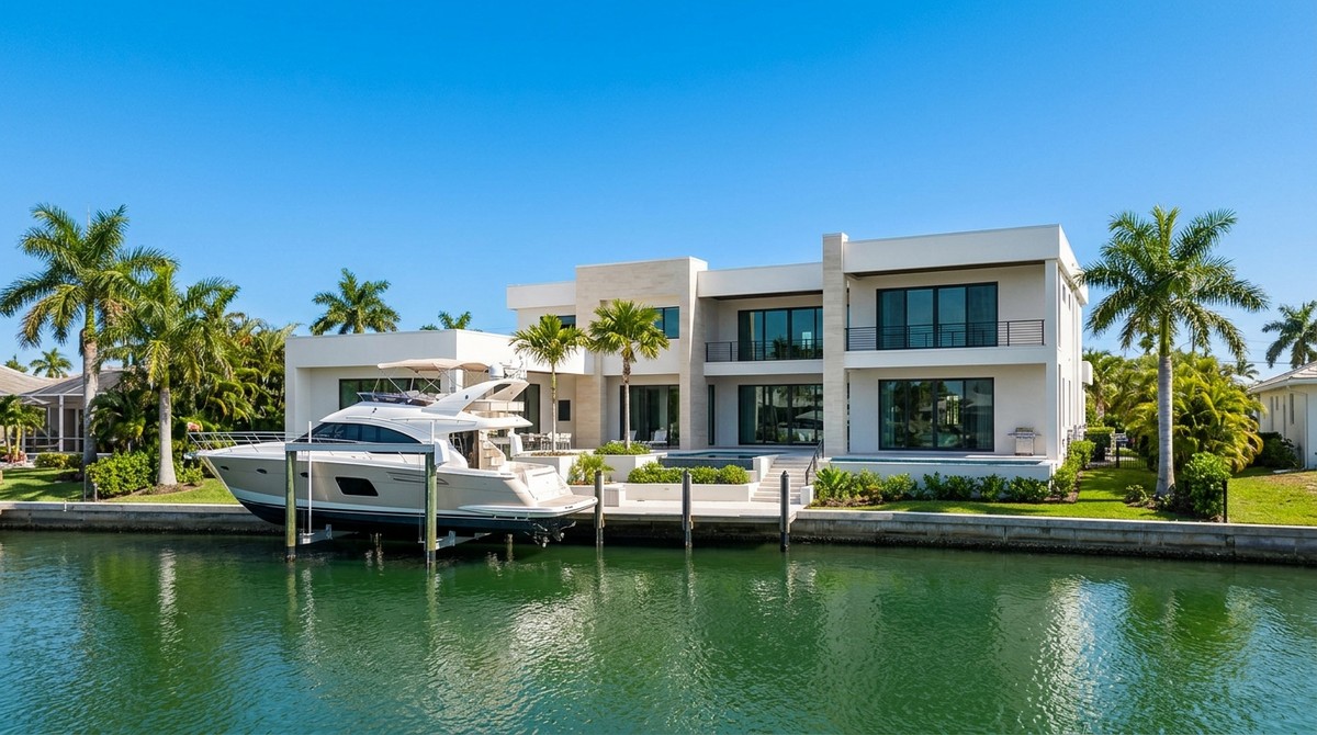 Modern Cape Coral waterfront luxury home with a large yacht docked on a canal, surrounded by palm trees.