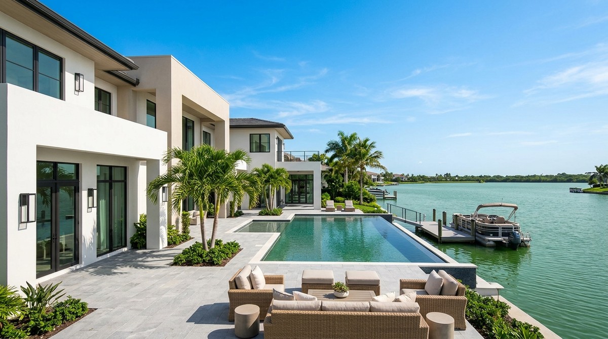 Modern Southwest Florida luxury real estate with a pool, patio furniture, and boat dock on a clear blue day.