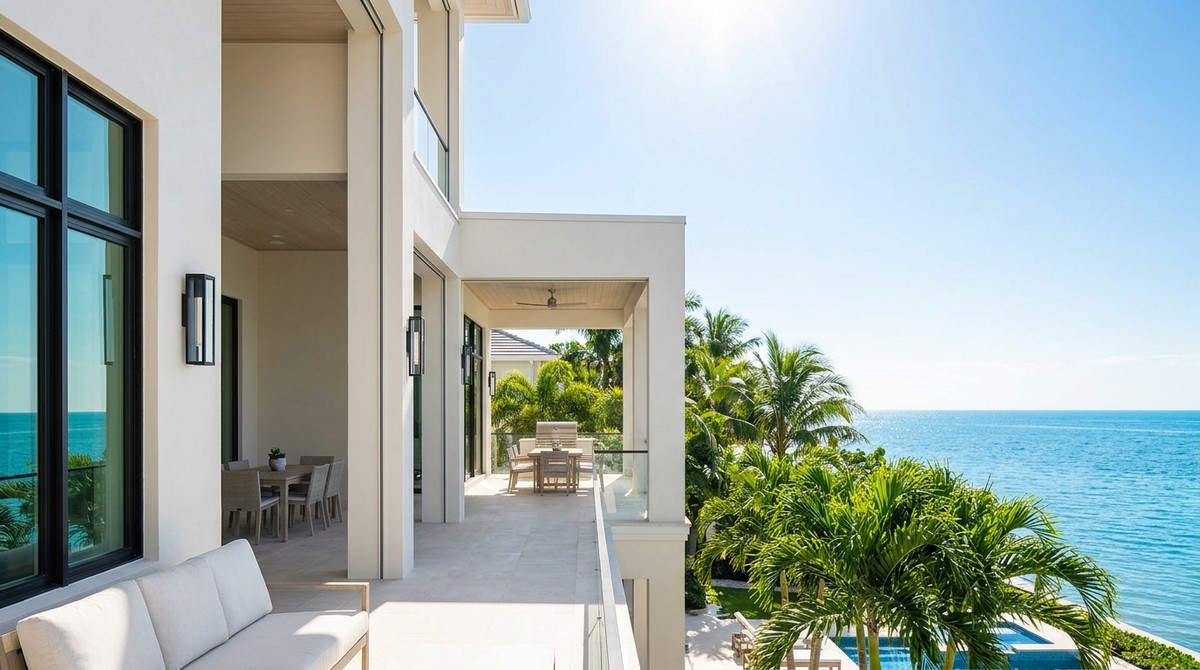 Modern white house with outdoor dining, sofa, palm trees, and clear blue ocean under a sunny sky.