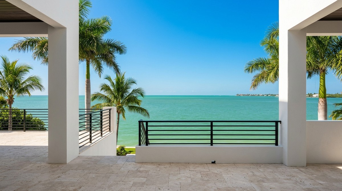 A tiled patio with white pillars frames a view of turquoise water, palm trees, and a distant coastline.