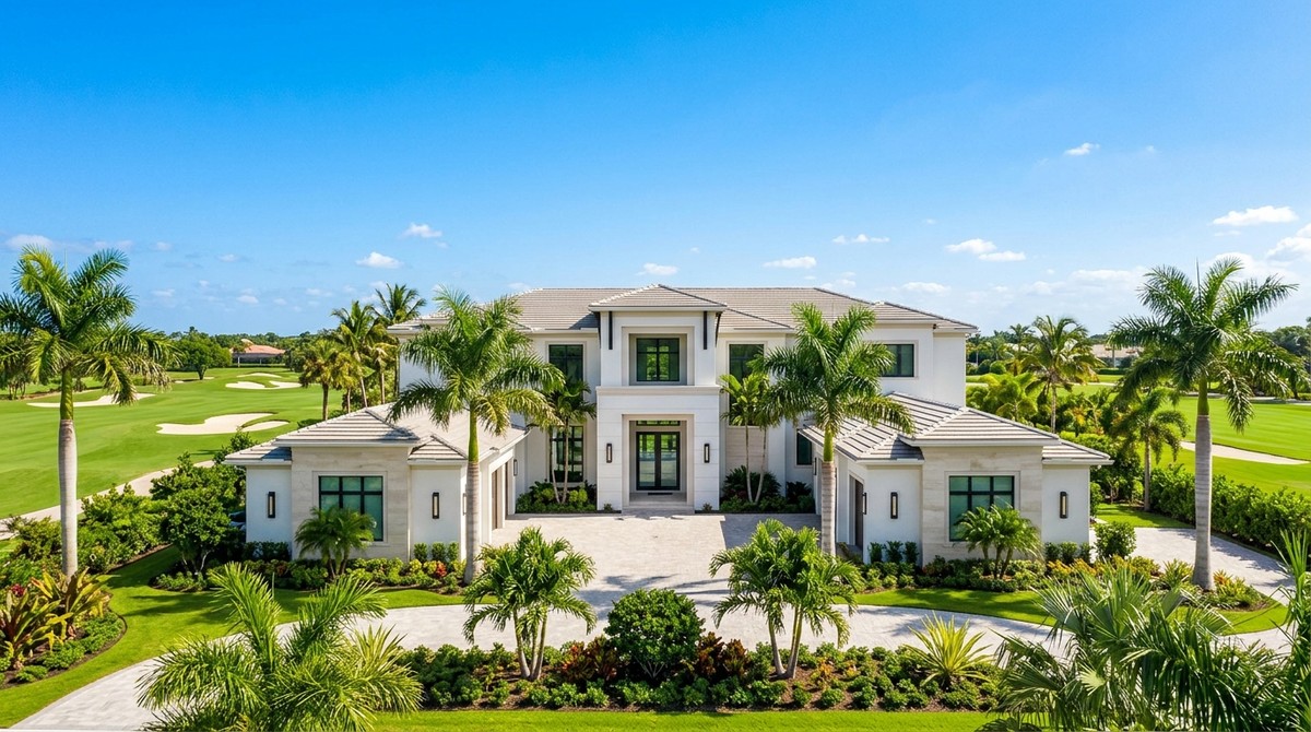 A large white Naples luxury real estate home with palm trees and a golf course in the background.