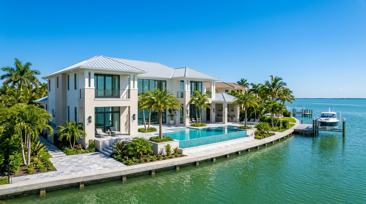 Waterfront Southwest Florida luxury real estate: a modern home with a pool, palm trees, and a boat on a lift.