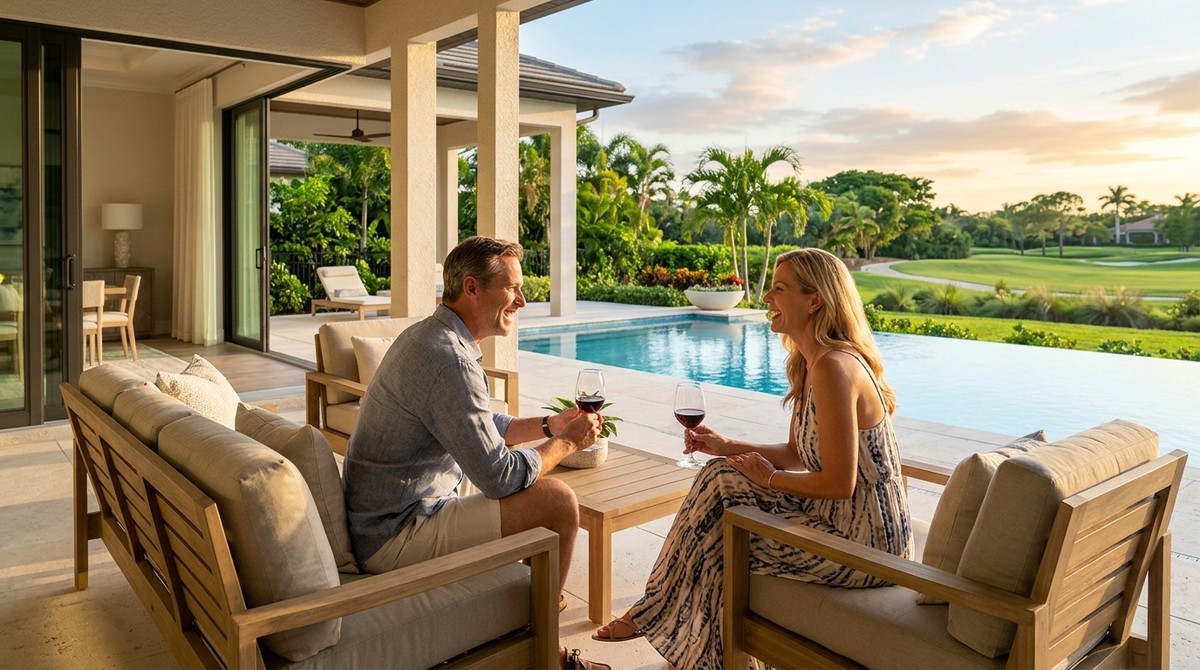 Couple enjoying wine on a patio with a pool and golf course view at renovated homes in Naples.