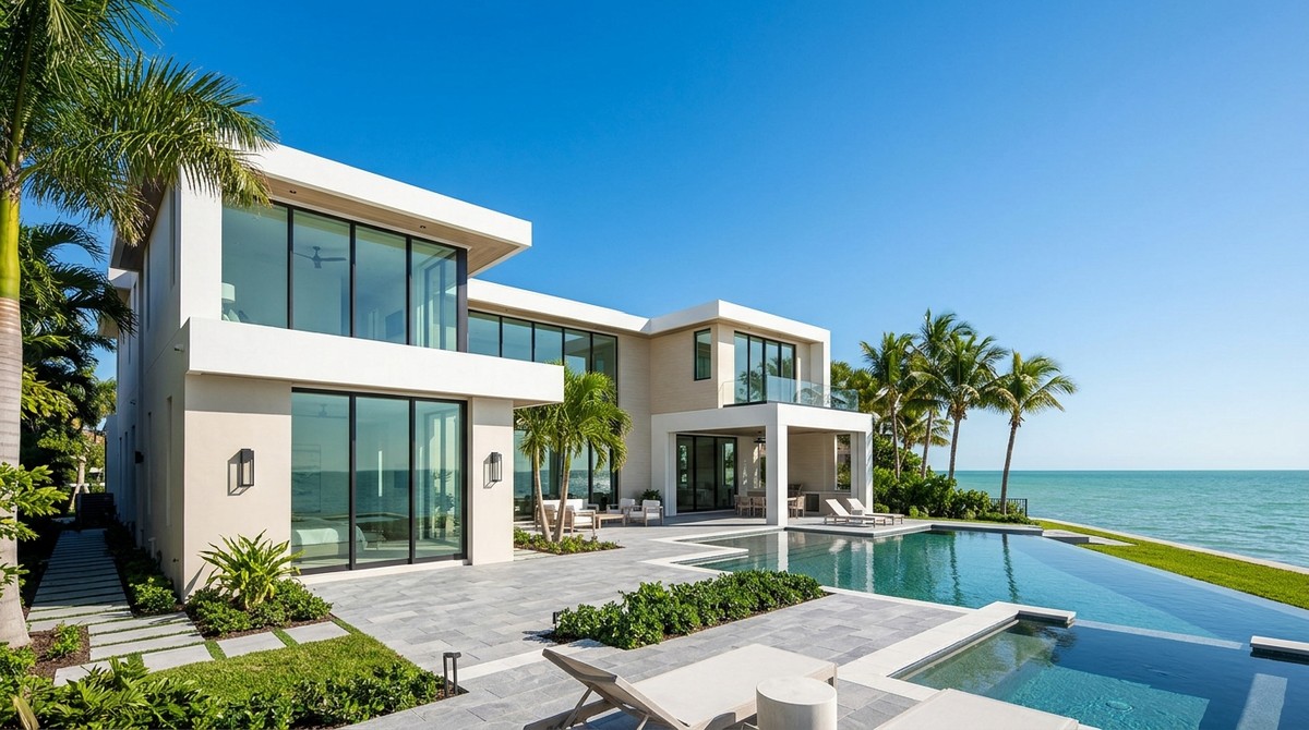 Modern Southwest Florida luxury real estate: a white waterfront home with an infinity pool and palm trees.