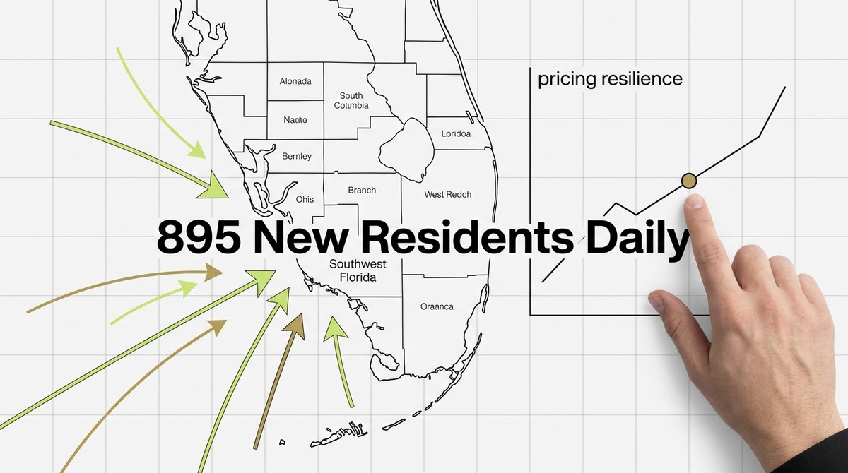 Map of Florida with arrows pointing to Southwest Florida, text "895 New Residents Daily," and a hand touching a rising "prici