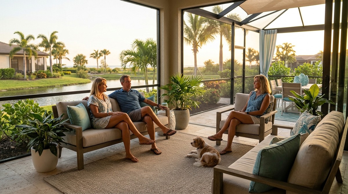 Two couples and a dog relax on a screened lanai overlooking a lake, palm trees, and houses at sunset.