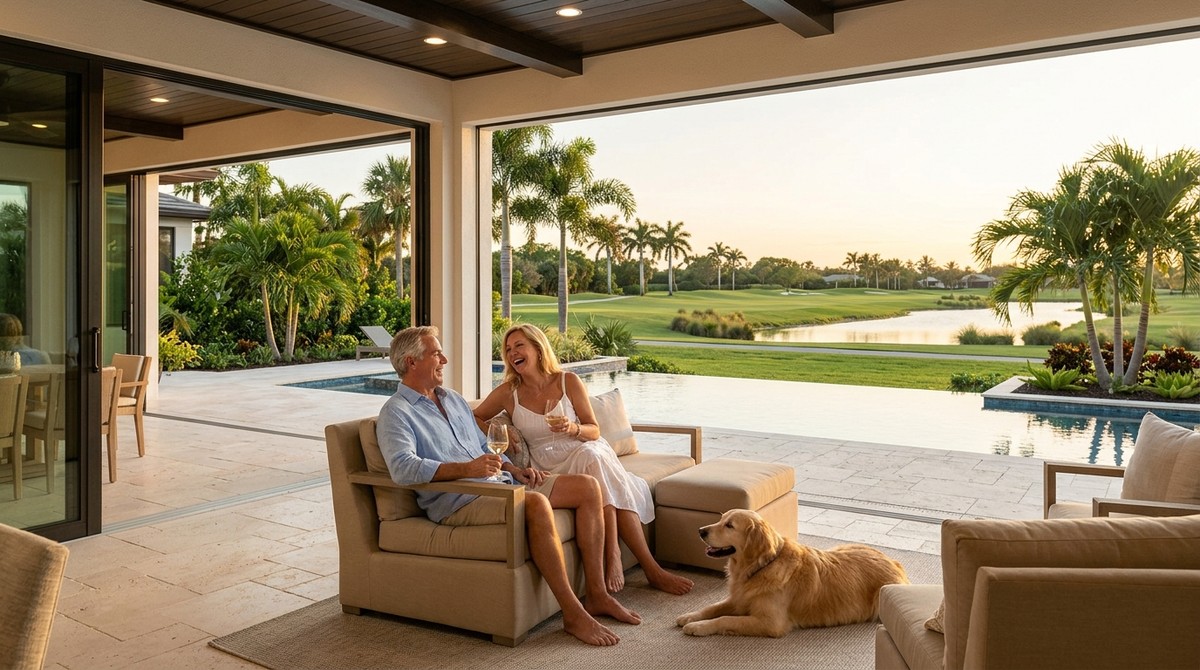 Couple and golden retriever relaxing on a patio overlooking a golf course and lake at sunset.