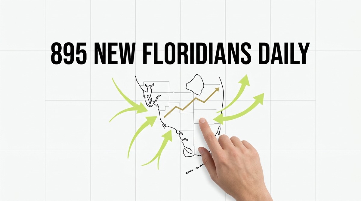 Text "895 NEW FLORIDIANS DAILY" above a map of Florida with green arrows pointing to Southwest Florida, and a hand pointing t