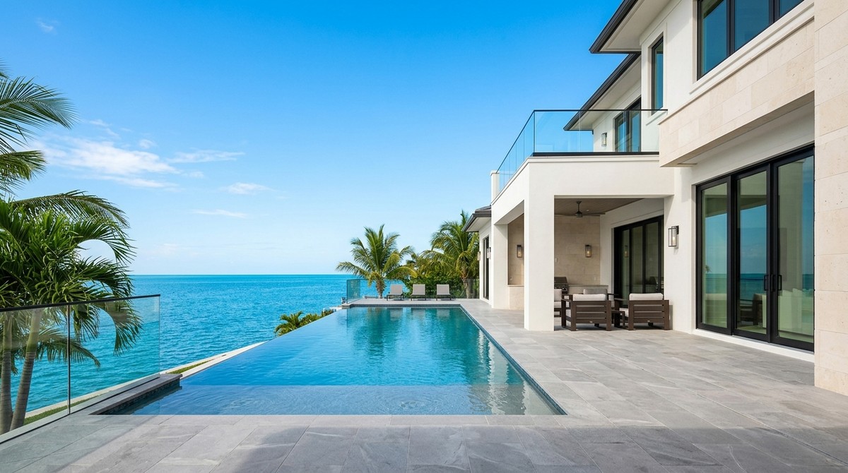 Modern luxury home with infinity pool overlooking the ocean, palm trees, and clear blue sky.
