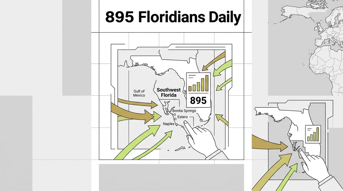 Map of Southwest Florida with arrows showing in-migration, a hand pointing, and a bar chart with "895 Floridians Daily.
