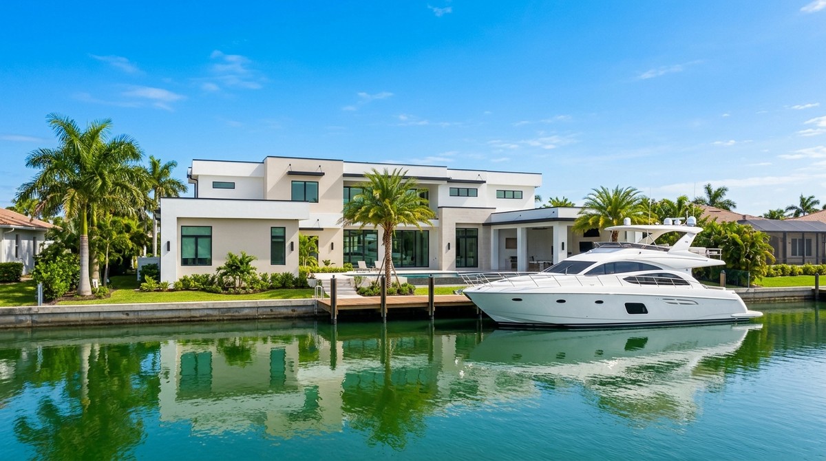 Modern Cape Coral waterfront luxury home with a white yacht docked on a canal, surrounded by palm trees.