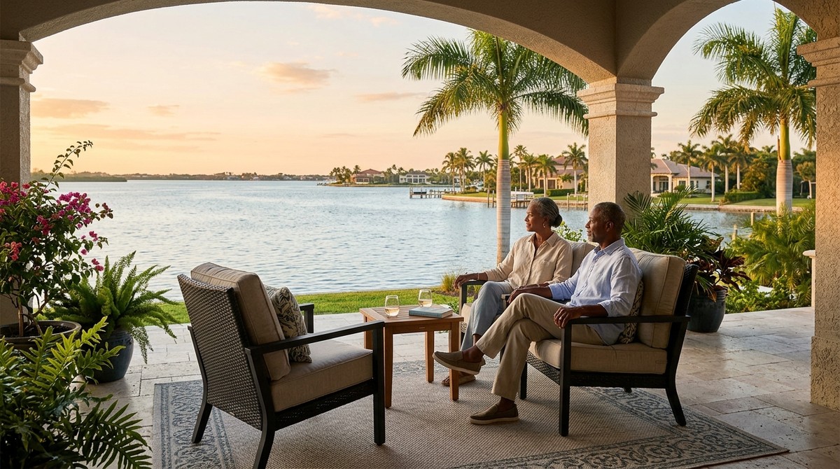 A couple relaxing on a covered patio overlooking a calm bay with palm trees and waterfront homes.
