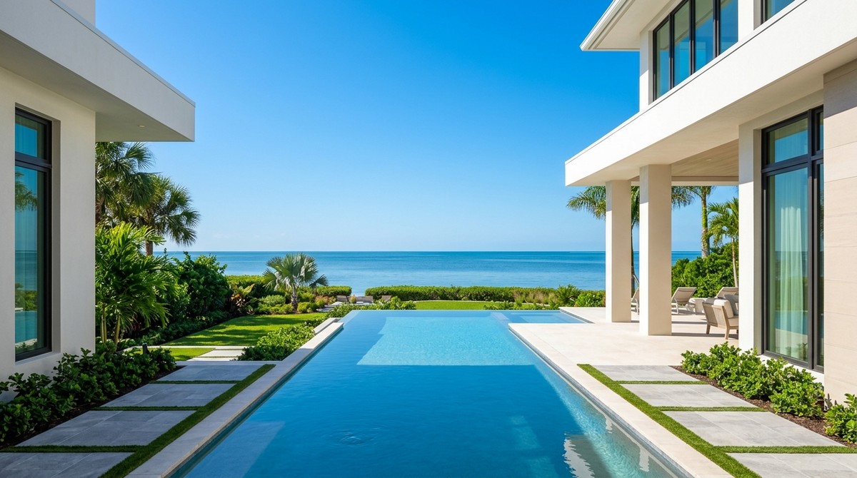 Modern luxury home with an infinity pool overlooking the ocean, framed by lush green landscaping and palm trees.
