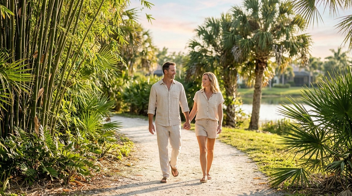 A couple holding hands, walking on a path lined with bamboo and palm trees near a lake.