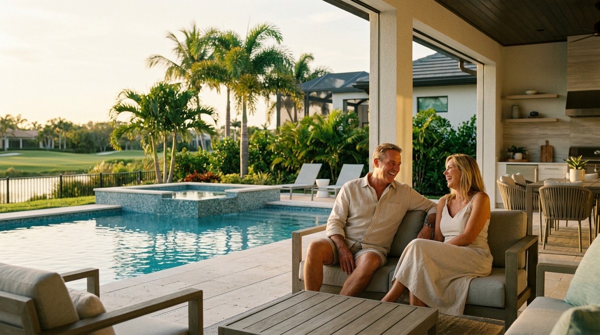 A laughing couple on a patio overlooking a pool, hot tub, golf course, and renovated home premium Naples.