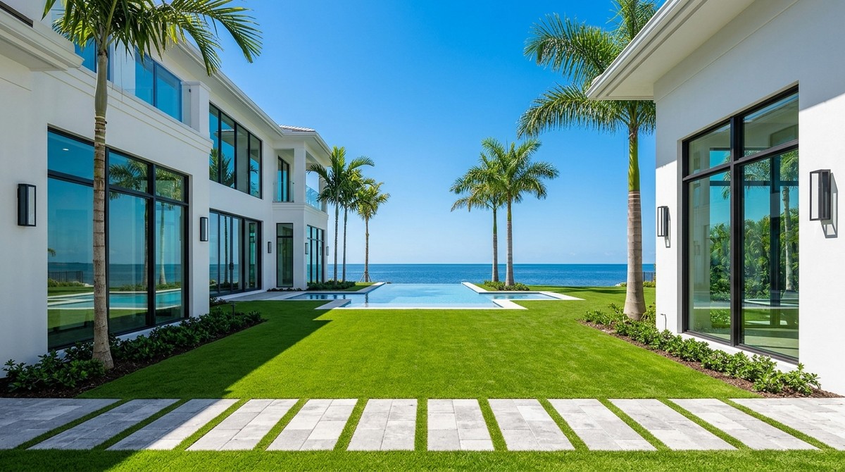 Modern white Naples luxury real estate waterfront home with infinity pool, green lawn, and palm trees.