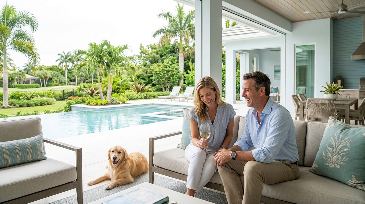 Couple and golden retriever on a patio overlooking a pool and lush golf course, a renovated home premium Naples.