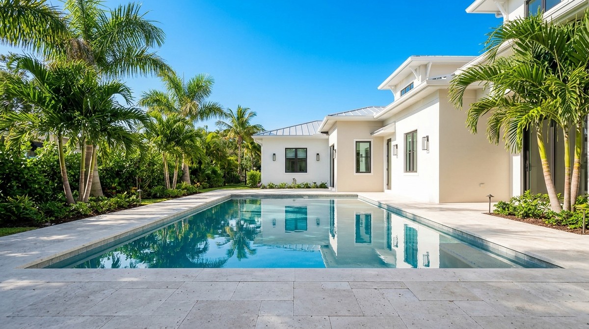 Modern white SWFL home with a long pool, surrounded by lush palm trees and a bright blue sky.