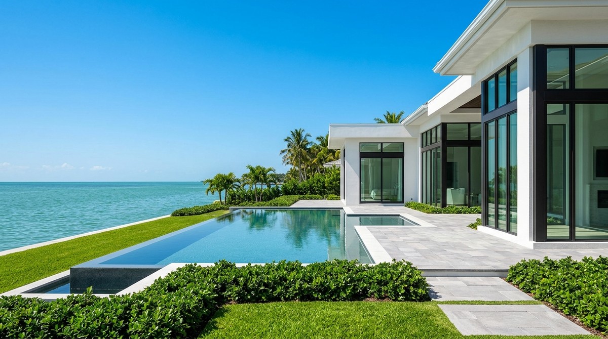 Modern white waterfront home with an infinity pool, lush green lawn, and palm trees under a clear blue sky.