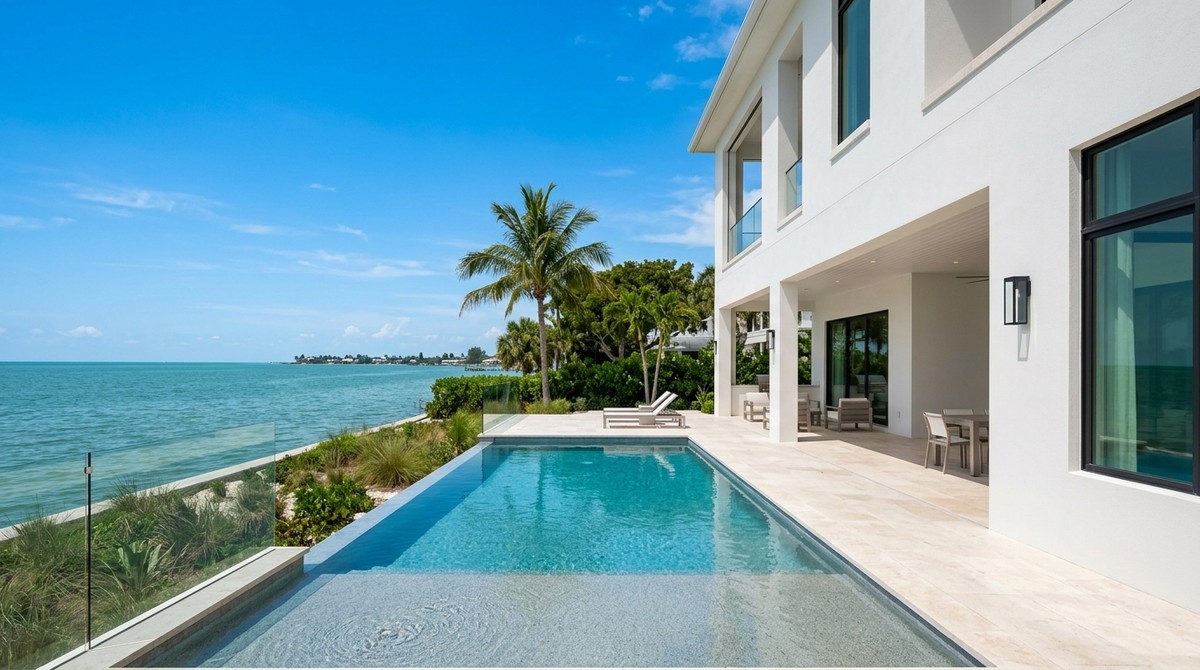 Modern white Southwest Florida investment property with a pool, patio, and palm trees overlooking the ocean.