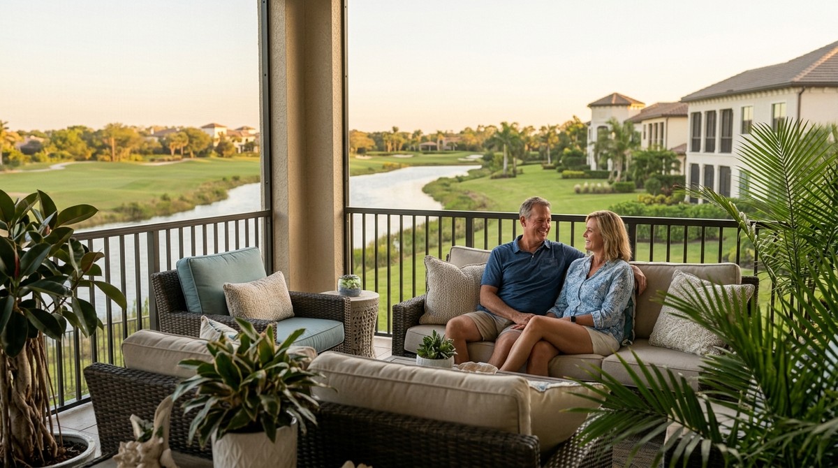 Couple on a Bonita Springs balcony overlooking a golf course, river, and luxury homes at sunset.
