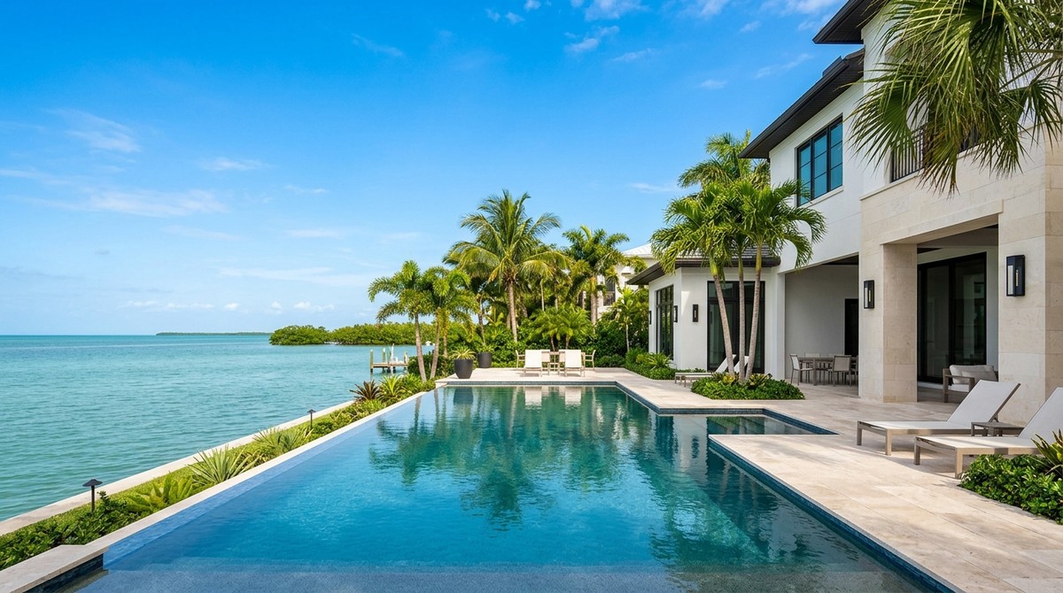 Modern waterfront home with an infinity pool, palm trees, and turquoise water under a clear blue sky.