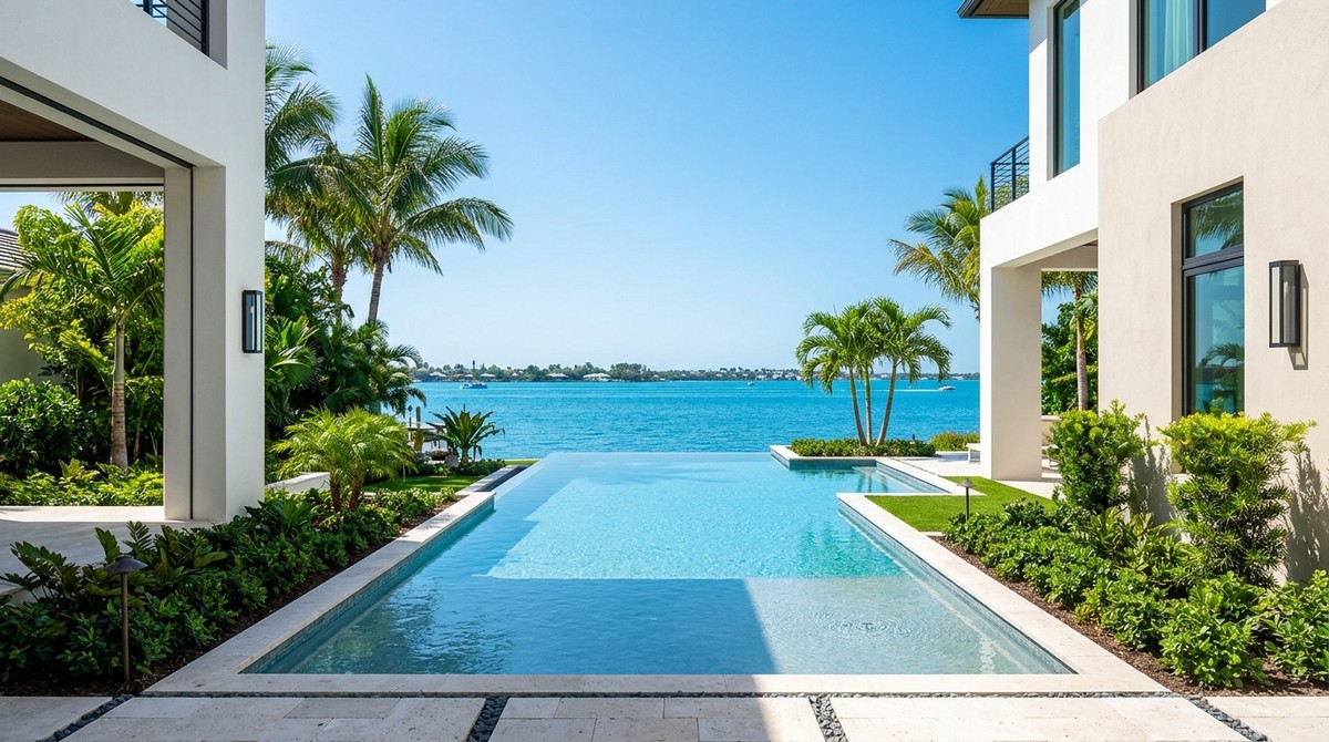 Modern home with an infinity pool overlooking a bright blue ocean, palm trees, and distant land.